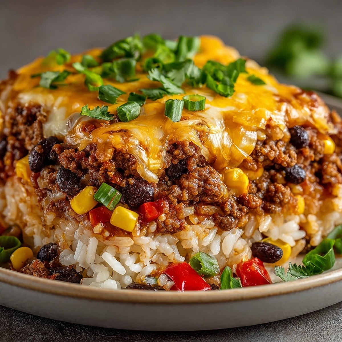 A bubbling Beef Taco Rice Casserole topped with melted cheddar, ready to serve.