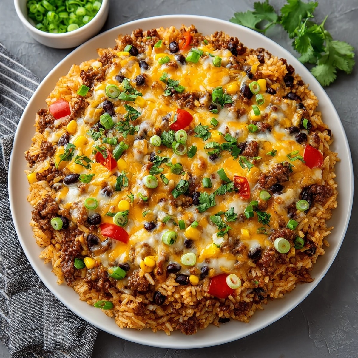 Warm, golden-brown Beef Taco Rice Casserole with green onion garnish, a comforting hearty meal.
