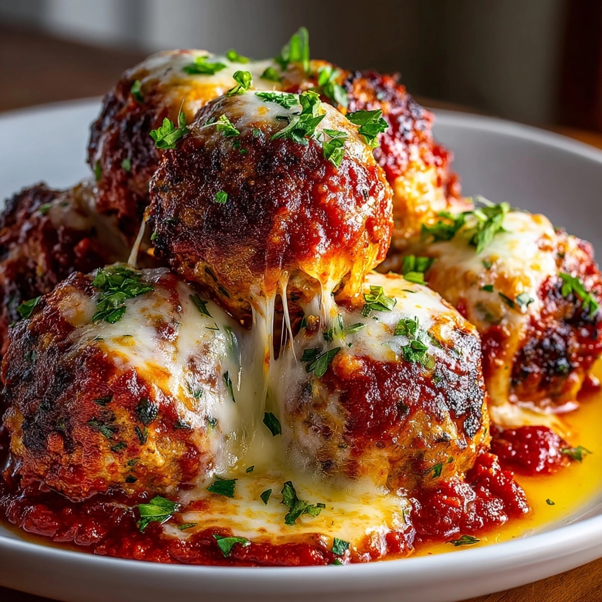 Chicken Parmesan Meatballs simmering in red sauce, topped with melted mozzarella, a savory, Italian dish.