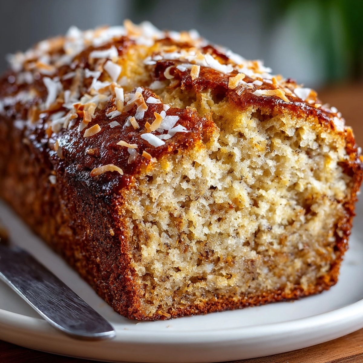 Warm, golden loaf of Coconut Banana Bread with toasted coconut on top, ready to serve.