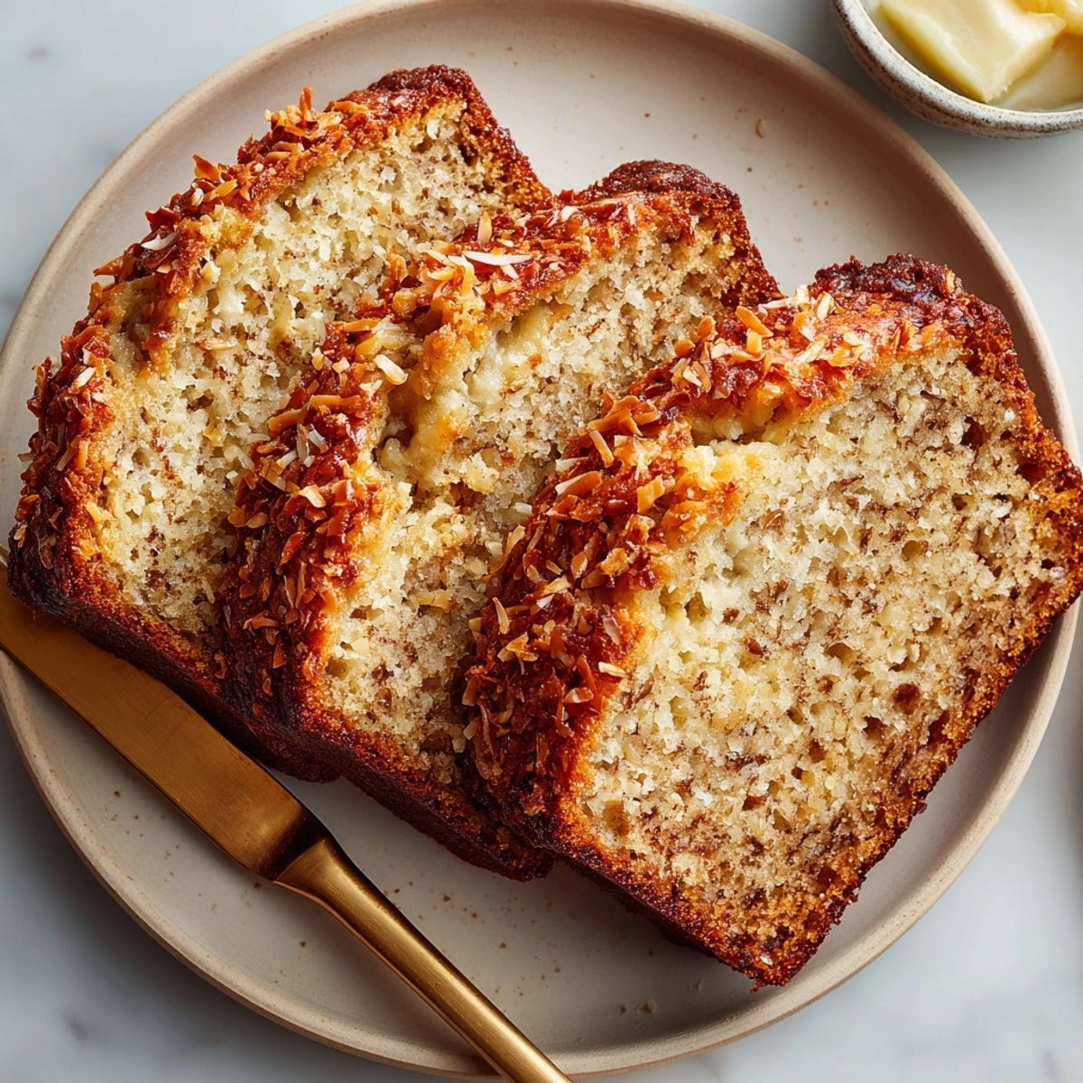Close-up of delicious Coconut Banana Bread, a sweet treat with visible banana and coconut textures.