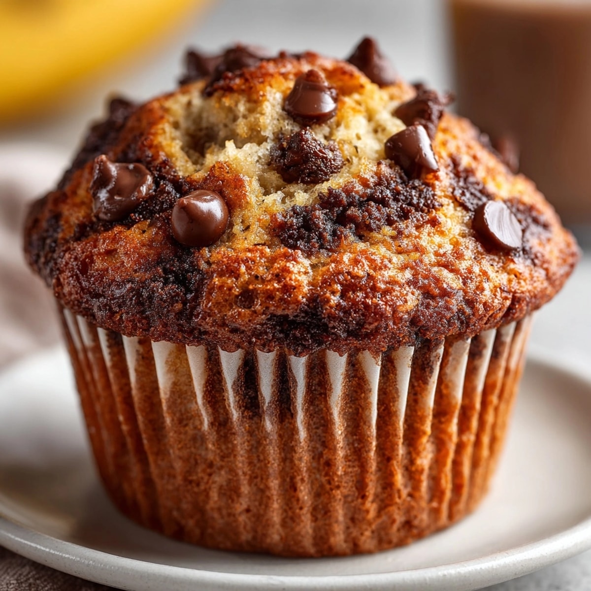 Warm, golden chocolate chip banana bread muffins, perfect for a quick and delicious breakfast.