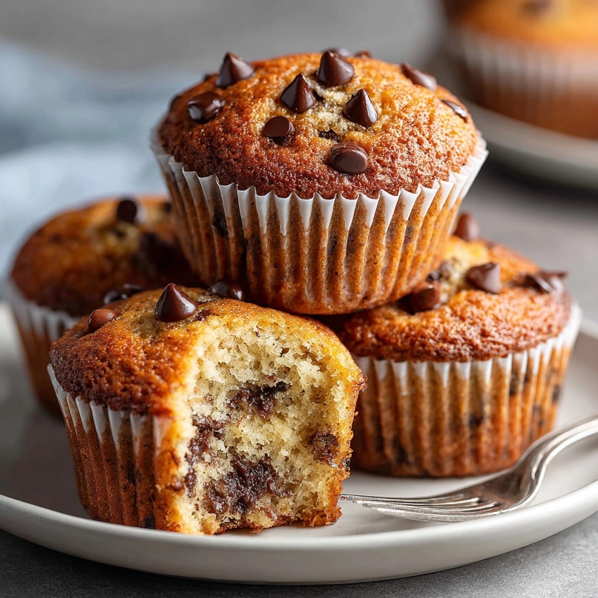 Freshly baked and fluffy chocolate chip banana bread muffins, ready to enjoy with a cup of coffee.