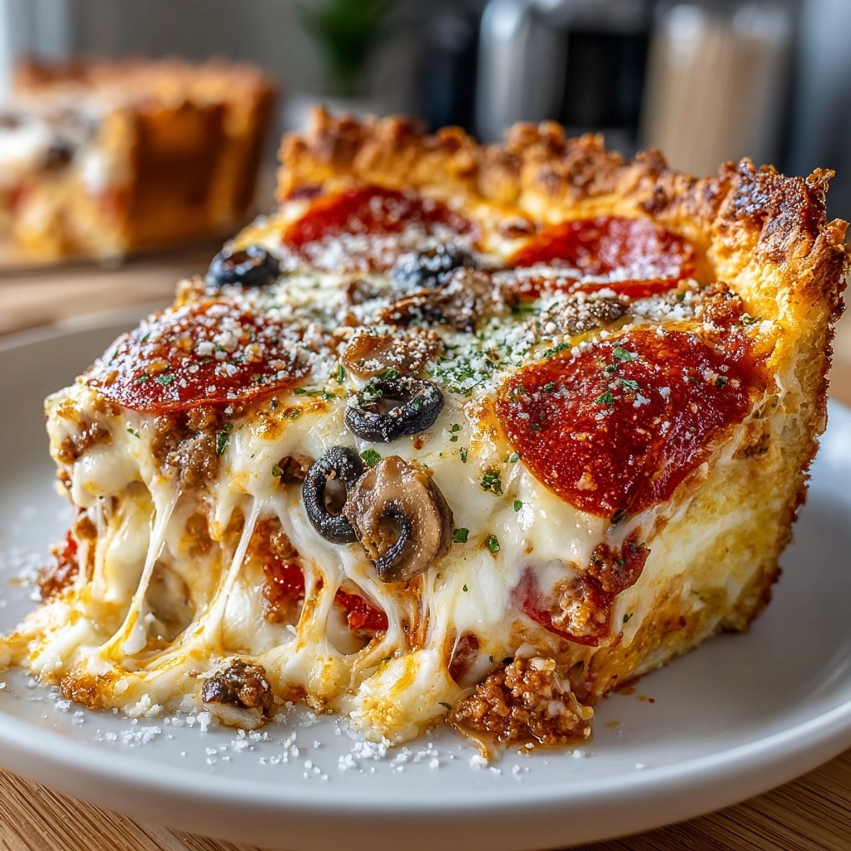 Golden, bubbly Pizza Pot Pie with a tempting pepperoni crust fresh from the oven.