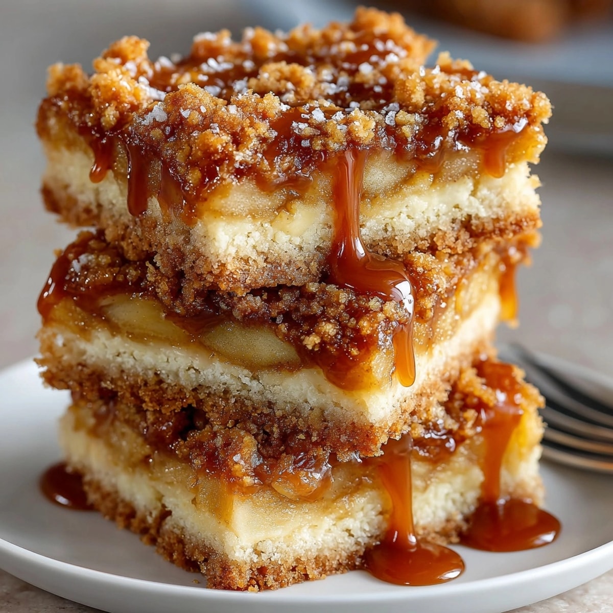 A square of Salted Caramel Apple Pie Bars, showing the layers of flavors, perfect for sharing this fall.