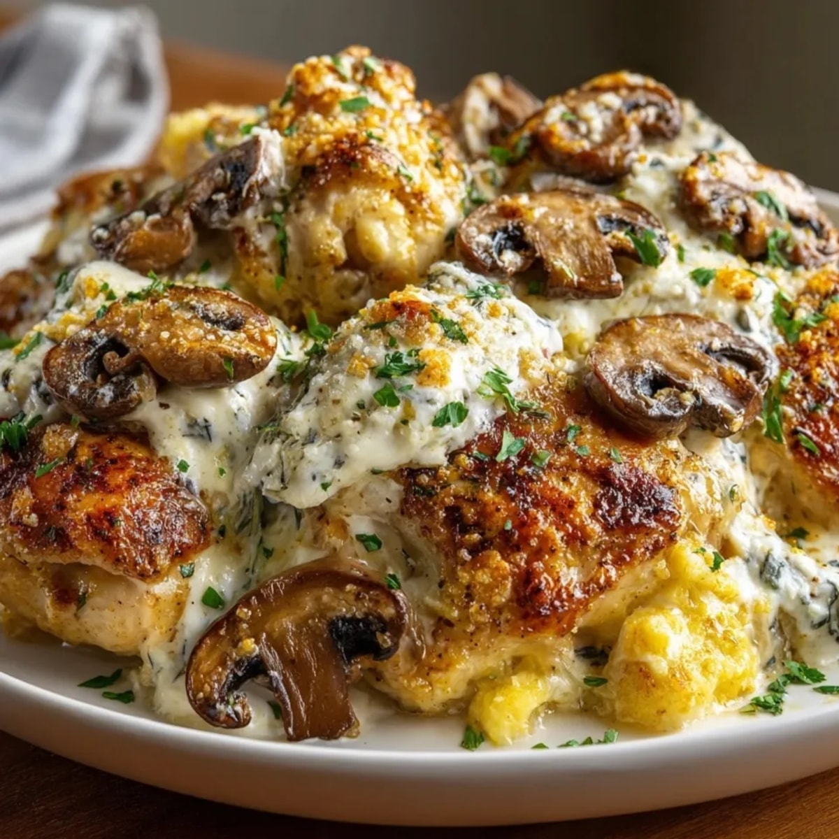 Creamy Chicken and Mushroom Casserole bubbling in a skillet, with Parmesan cheese topping for a cozy meal.