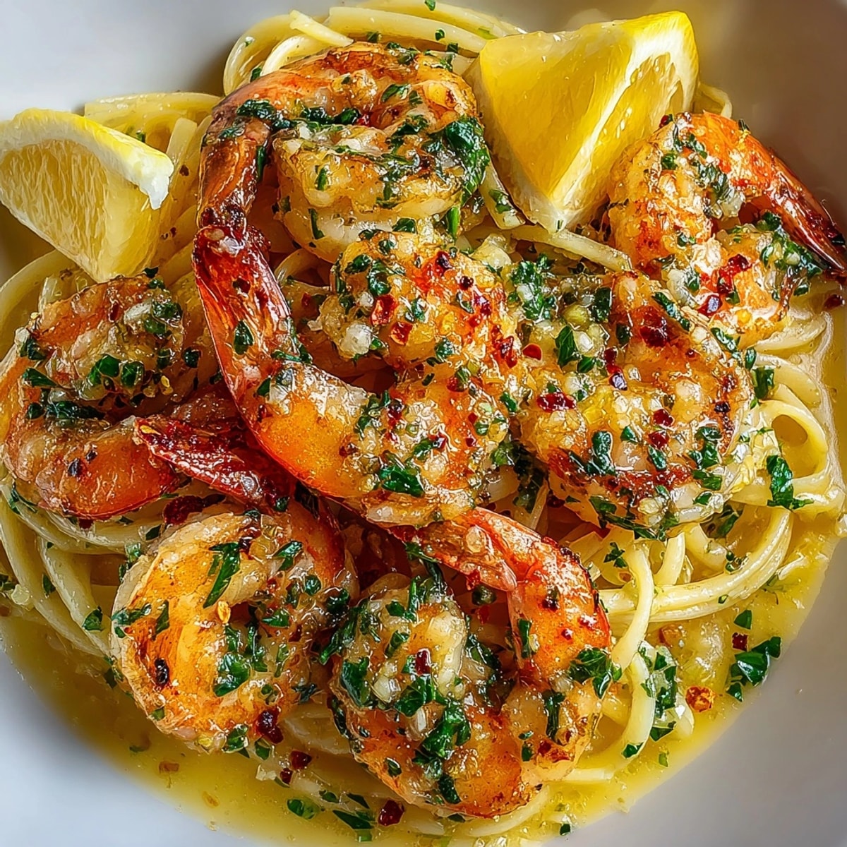 Shrimp Scampi with Garlic Butter served over linguine, glistening with lemony sauce and parsley.