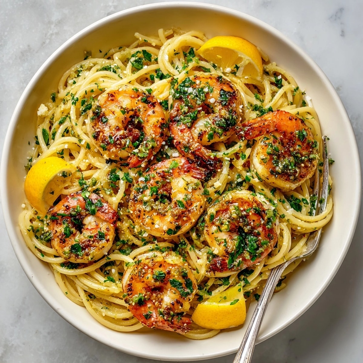 Golden shrimp scampi with garlic butter nestled beside crusty bread, ready for an Italian-American dinner.