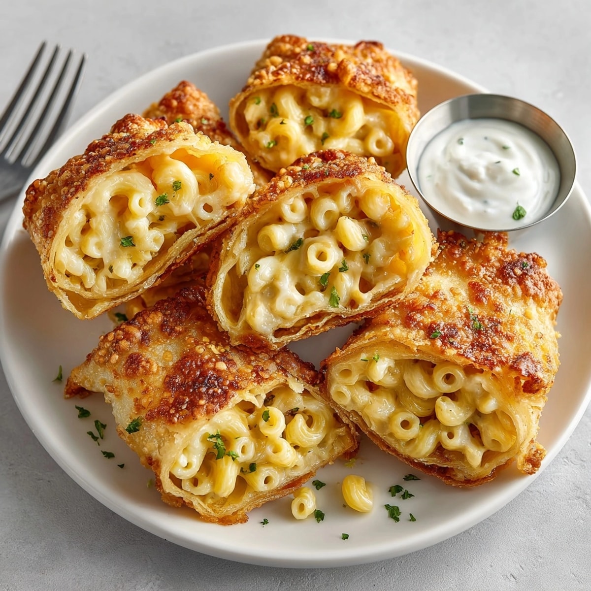 Appetizer platter featuring mac and cheese egg rolls, perfect for party snacking or game day.