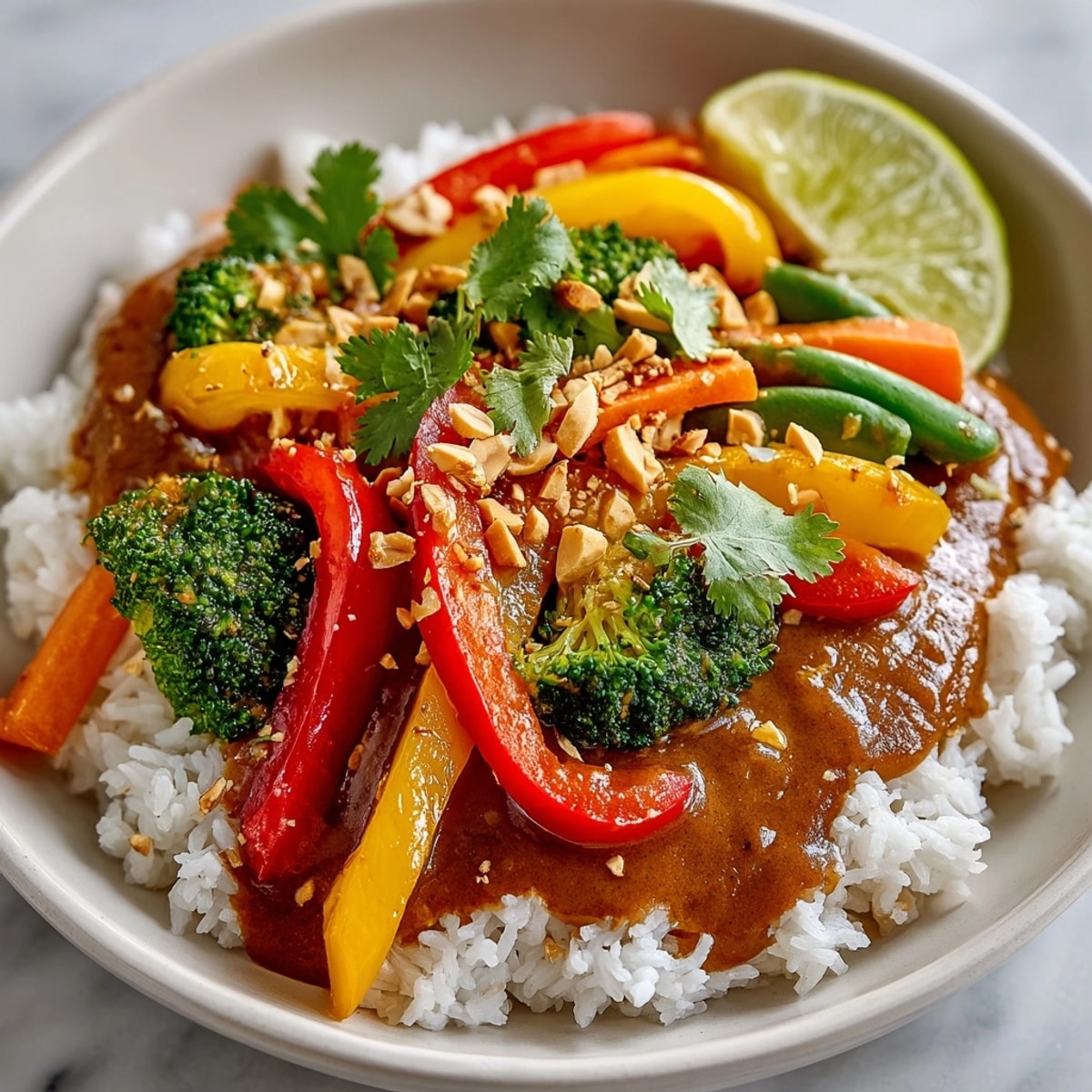 Thai Peanut Vegetable Stir-Fry served over fluffy jasmine rice, topped with cilantro and peanuts.