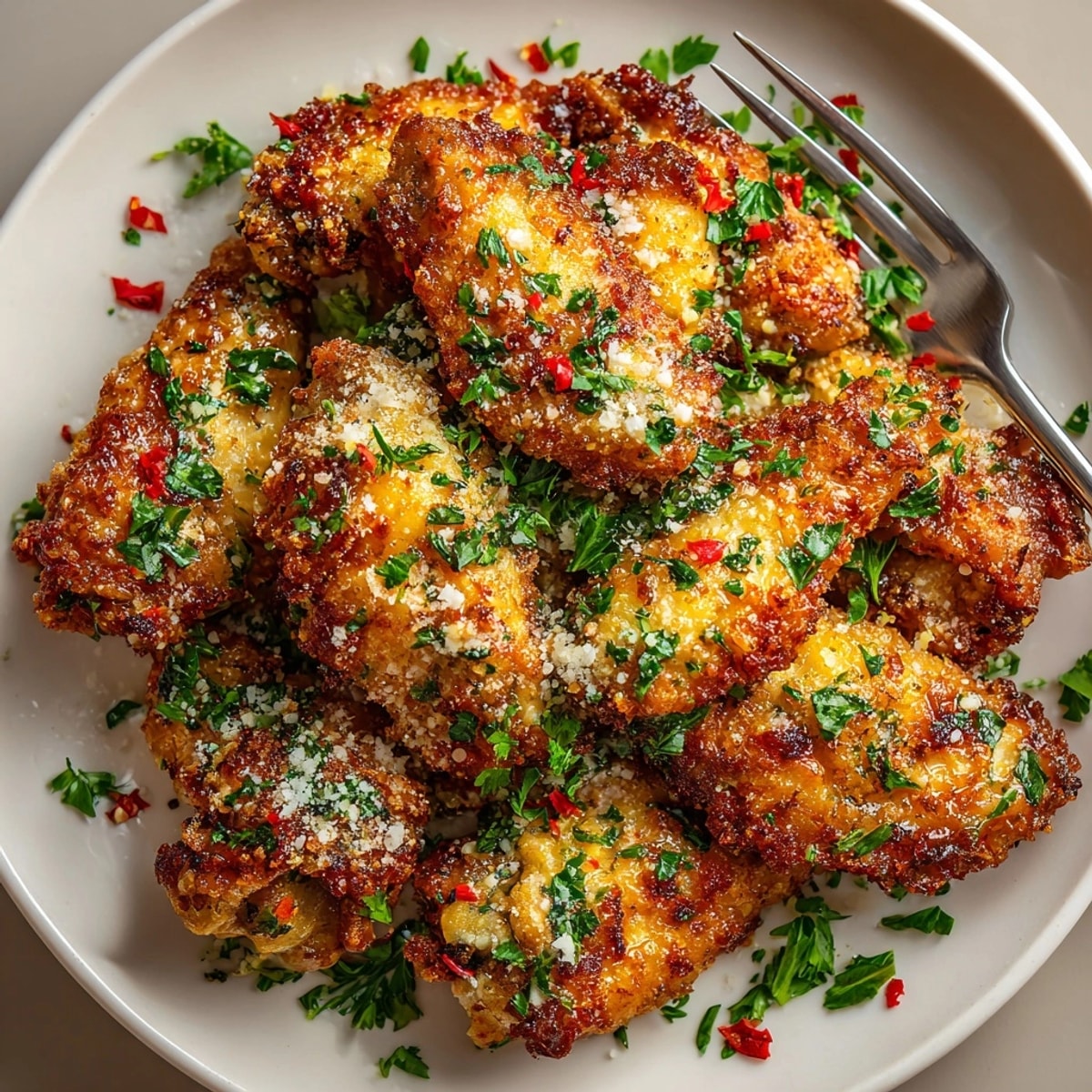 Freshly baked Garlic Parmesan Chicken Wings piled on a platter, garnished with extra cheese and herbs.