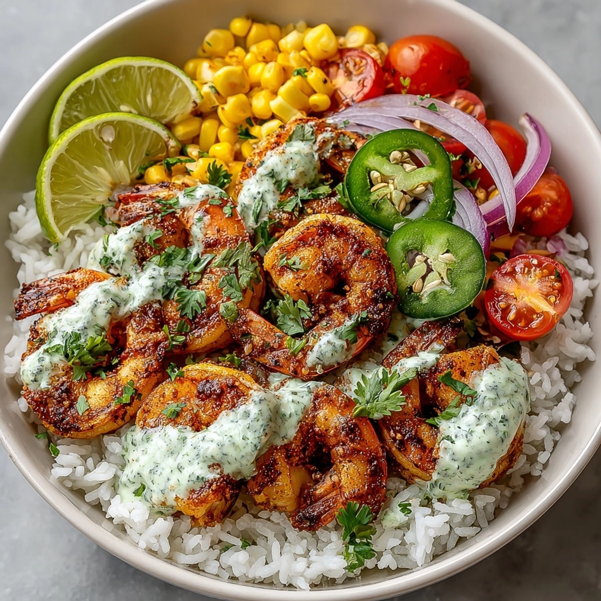 Spicy Cajun Shrimp Rice Bowl with Avocado Lime Crema topped with fresh veggies and herbs.
