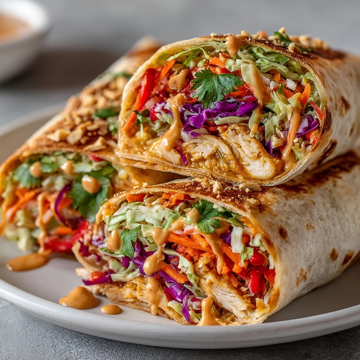 Thai Peanut Chicken Wraps with Crunchy Vegetables sliced in half, revealing juicy chicken and vibrant colors inside a soft tortilla.