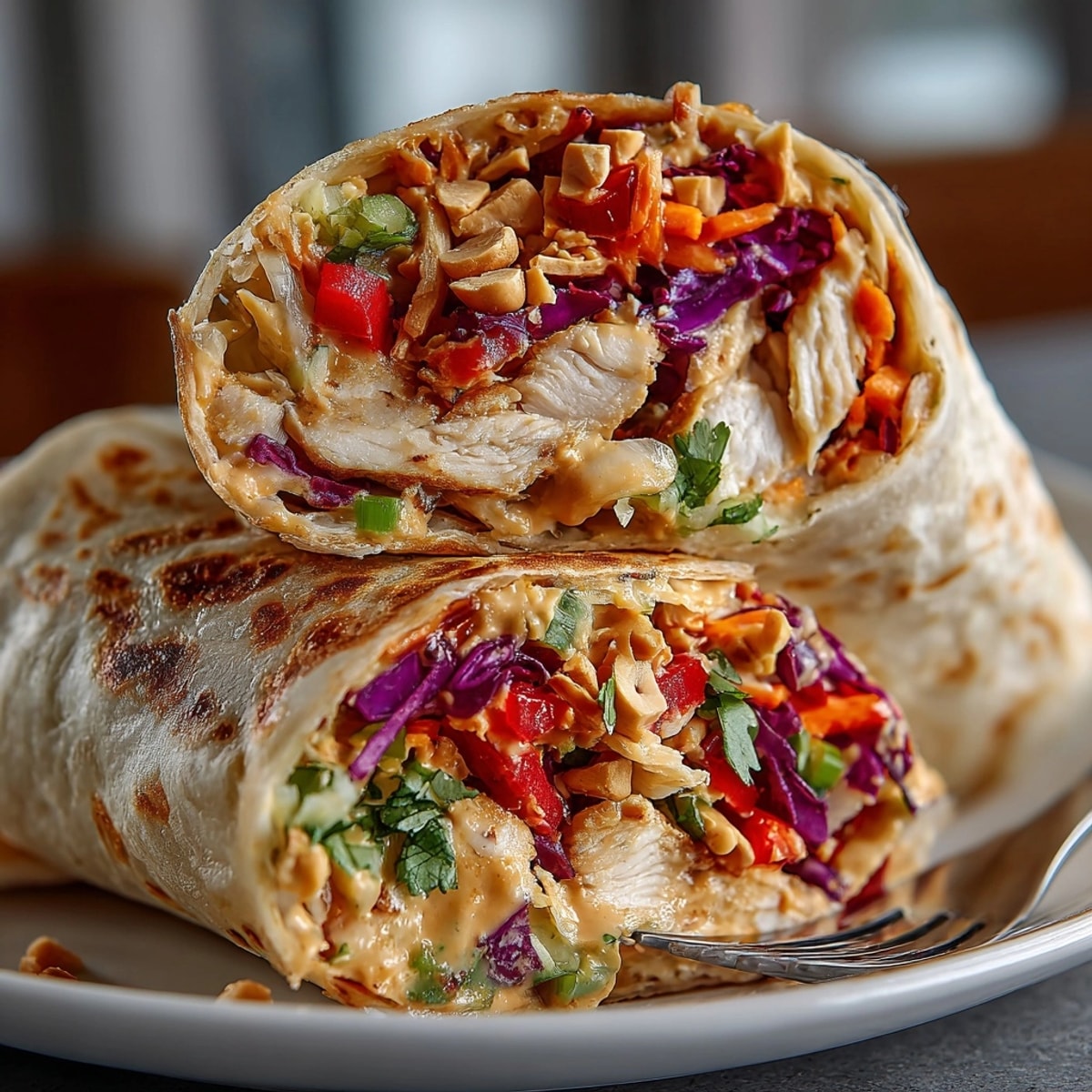 Close-up of Thai Peanut Chicken Wraps with Crunchy Vegetables drizzled in creamy peanut sauce, served with fresh lime wedges.