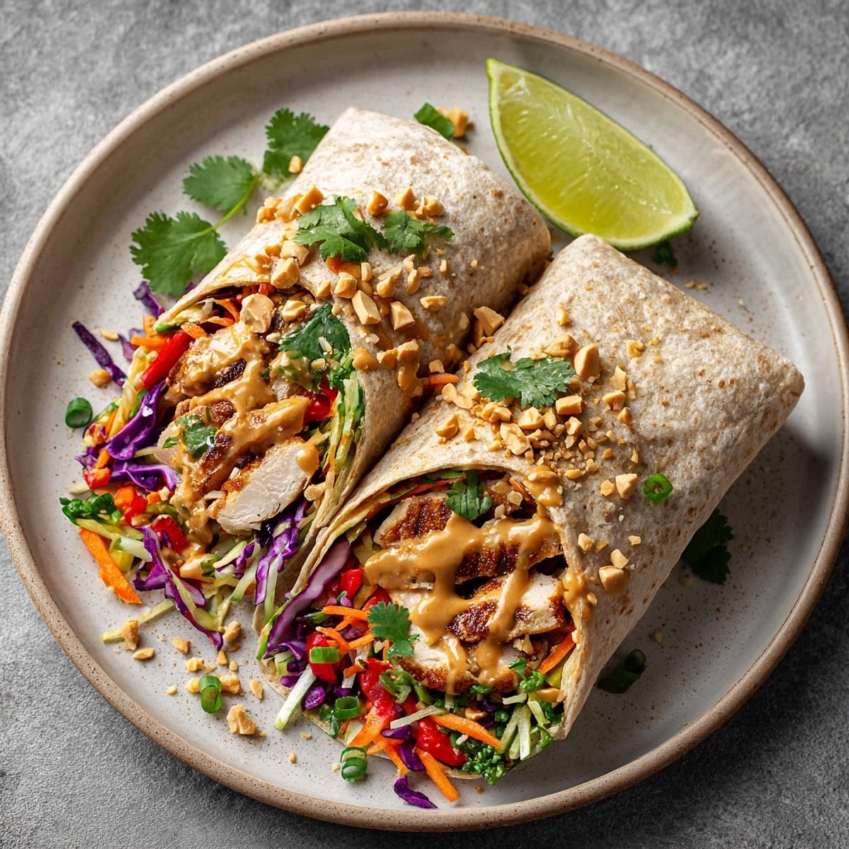Thai Peanut Chicken Wraps with Crunchy Vegetables plated for lunch, featuring crisp cabbage, carrots, and a sprinkle of roasted peanuts.
