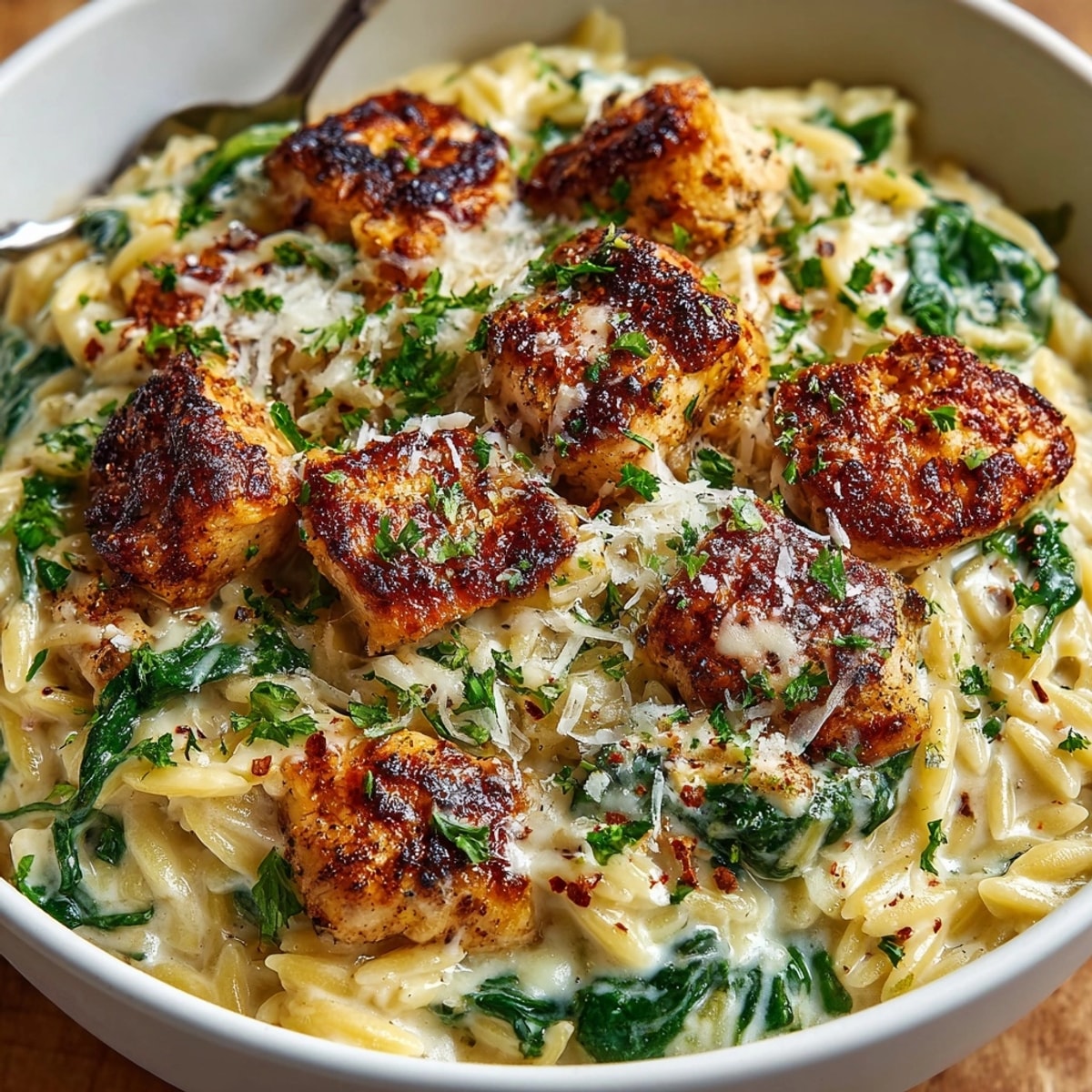 One-Pan Garlic Alfredo Orzo Chicken Skillet with creamy sauce and golden chicken cubes garnished with fresh parsley.