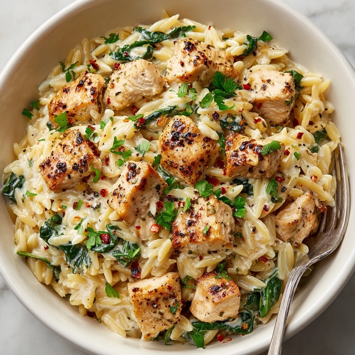 Freshly cooked One-Pan Garlic Alfredo Orzo Chicken Skillet, bubbling with cheese and spinach, ready for family dinner.