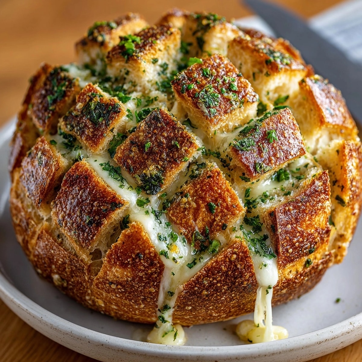 Stuffed Cheese Garlic Pull-Apart Bread with melty cheese and fresh herbs served warm for sharing