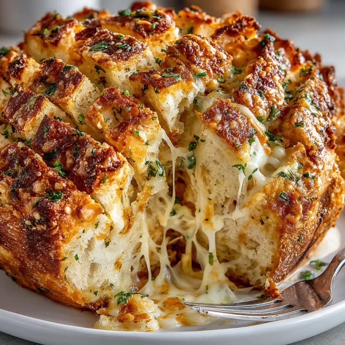 Golden Stuffed Cheese Garlic Pull-Apart Bread loaf oozing mozzarella and cheddar, perfect appetizer snack