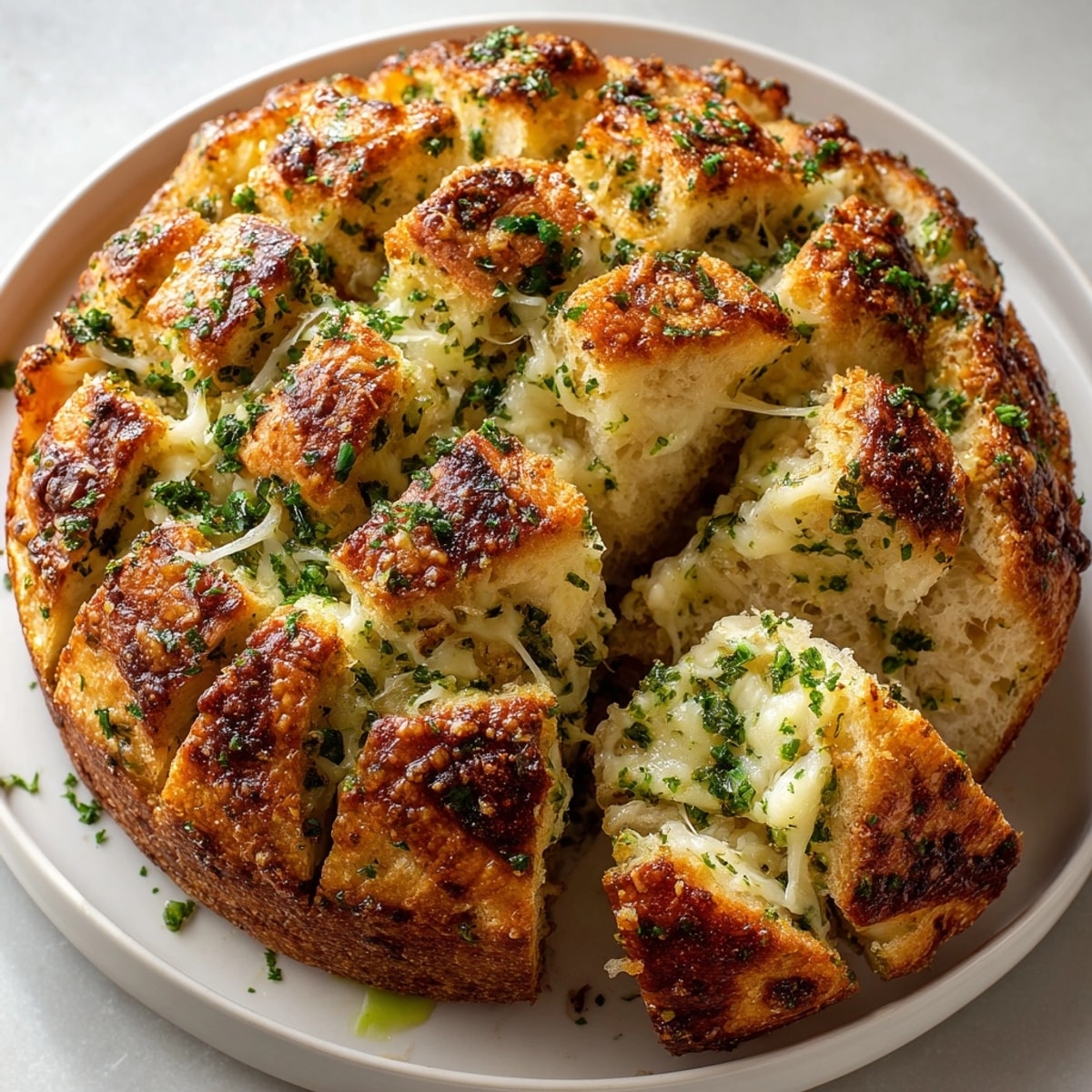 Close-up of Stuffed Cheese Garlic Pull-Apart Bread, crisp crust and savory garlic butter aroma steamed