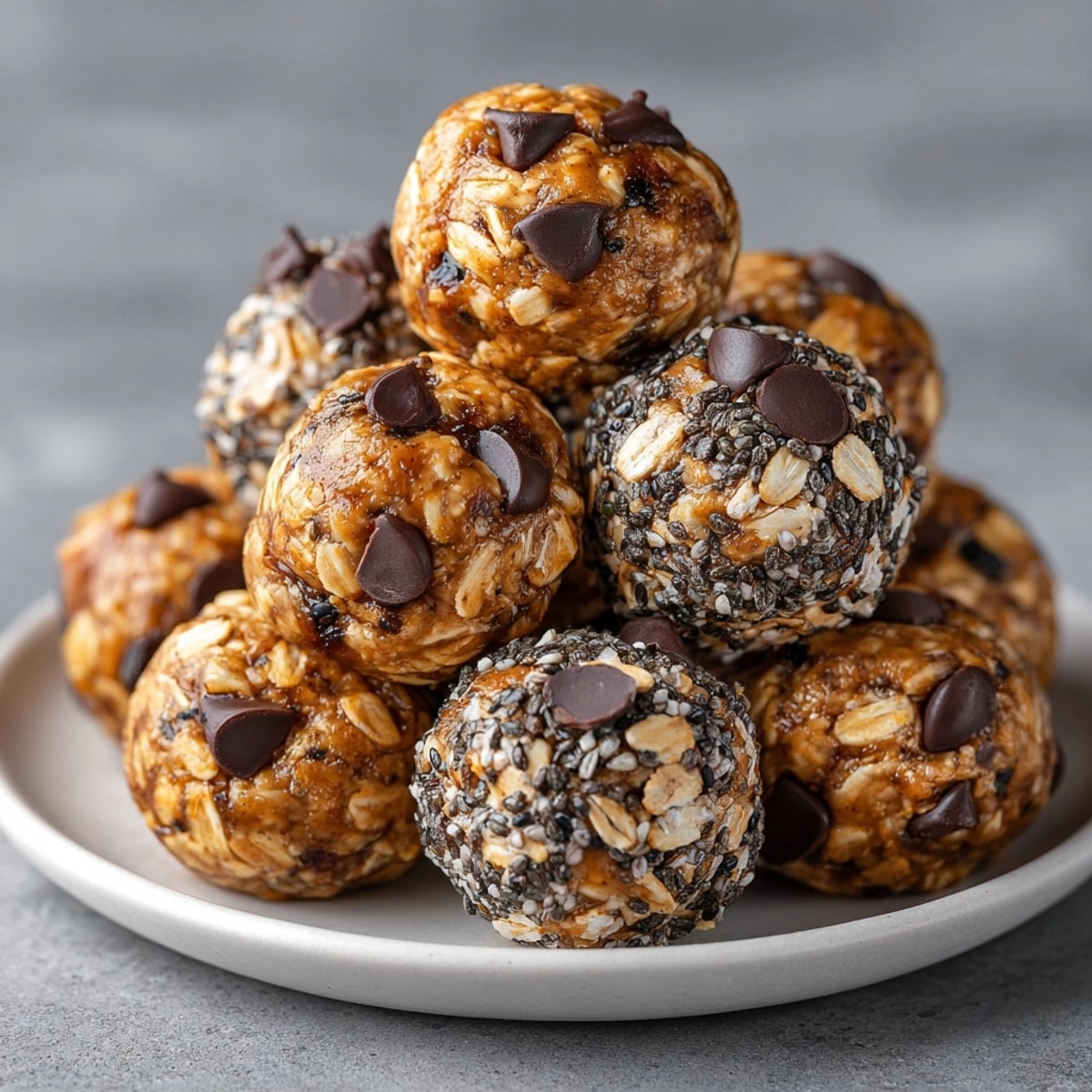Protein-Packed Peanut Butter Chocolate Energy Balls stacked on a plate, showcasing chewy oats and melty chocolate chips.