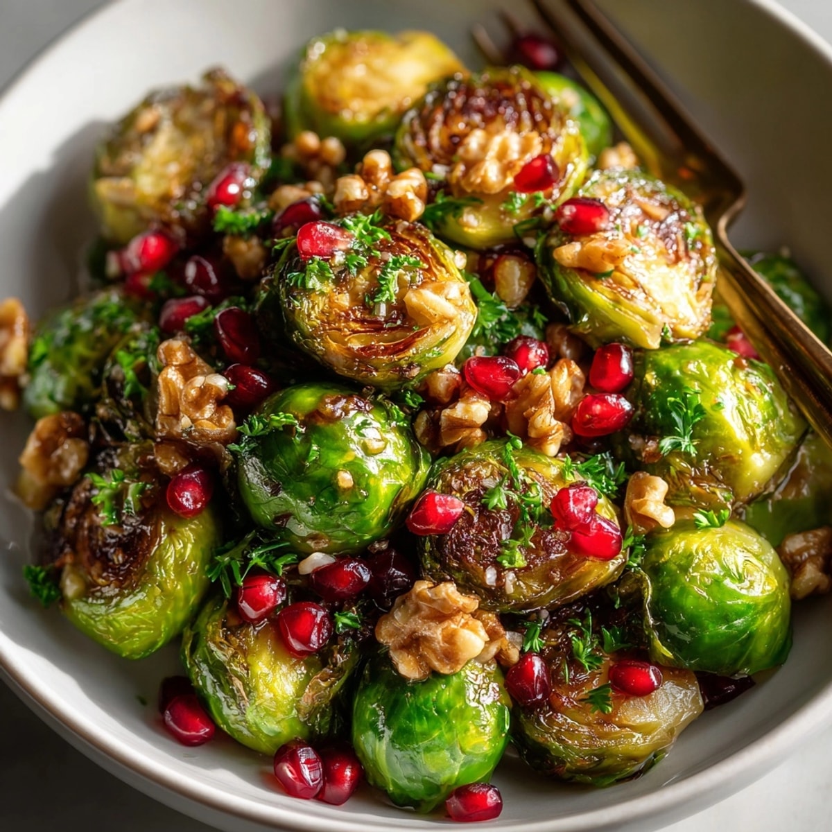 Roasted Pomegranate Glazed Brussels Sprouts garnished with fresh pomegranate arils, ready to serve as a festive side.