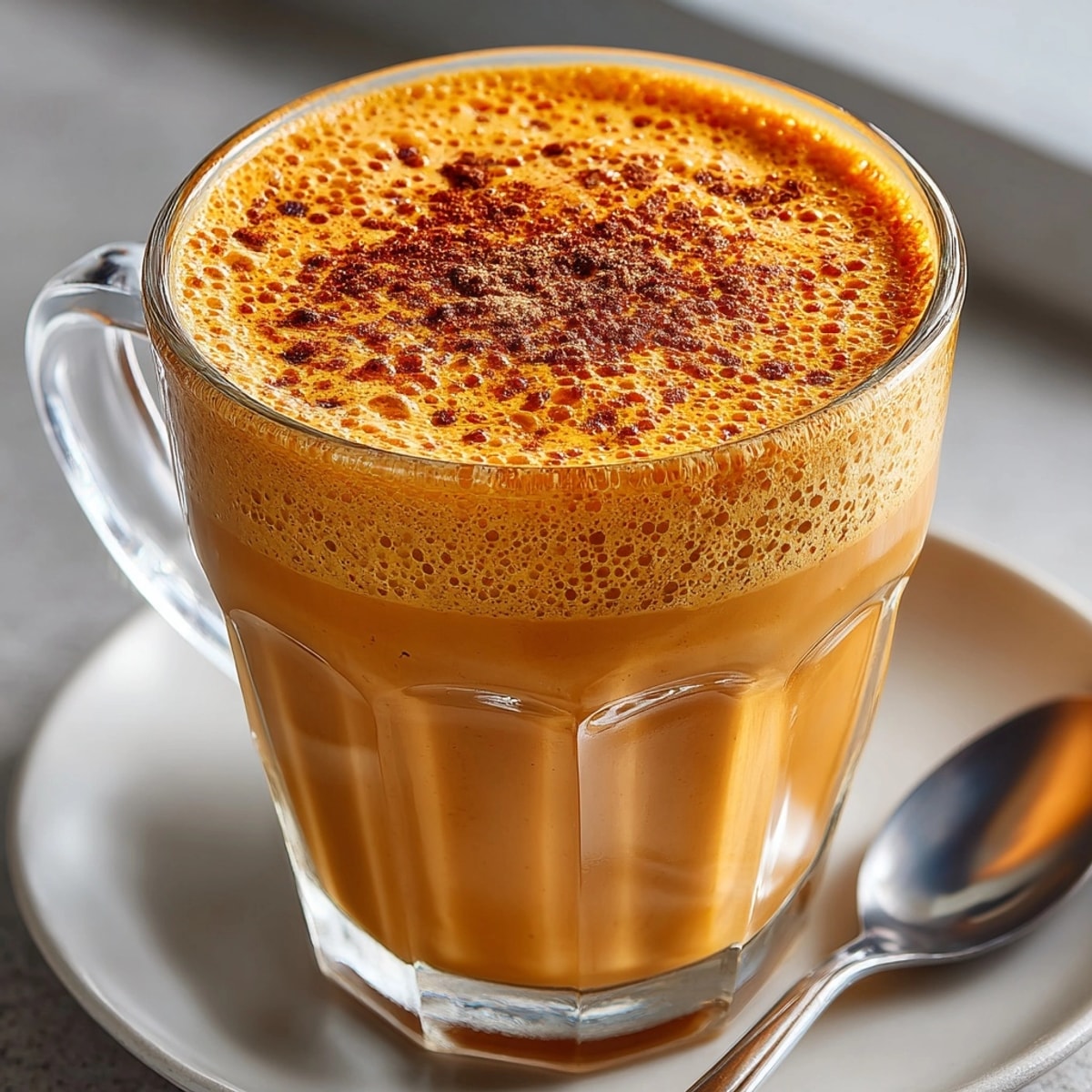 Protein-Packed Pumpkin Spice Smoothie in a tall glass, topped with cinnamon and surrounded by fall spices