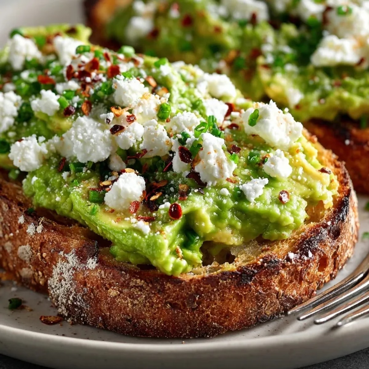Avocado Feta Toast with Chili Flakes served on rustic sourdough, garnished with fresh herbs.
