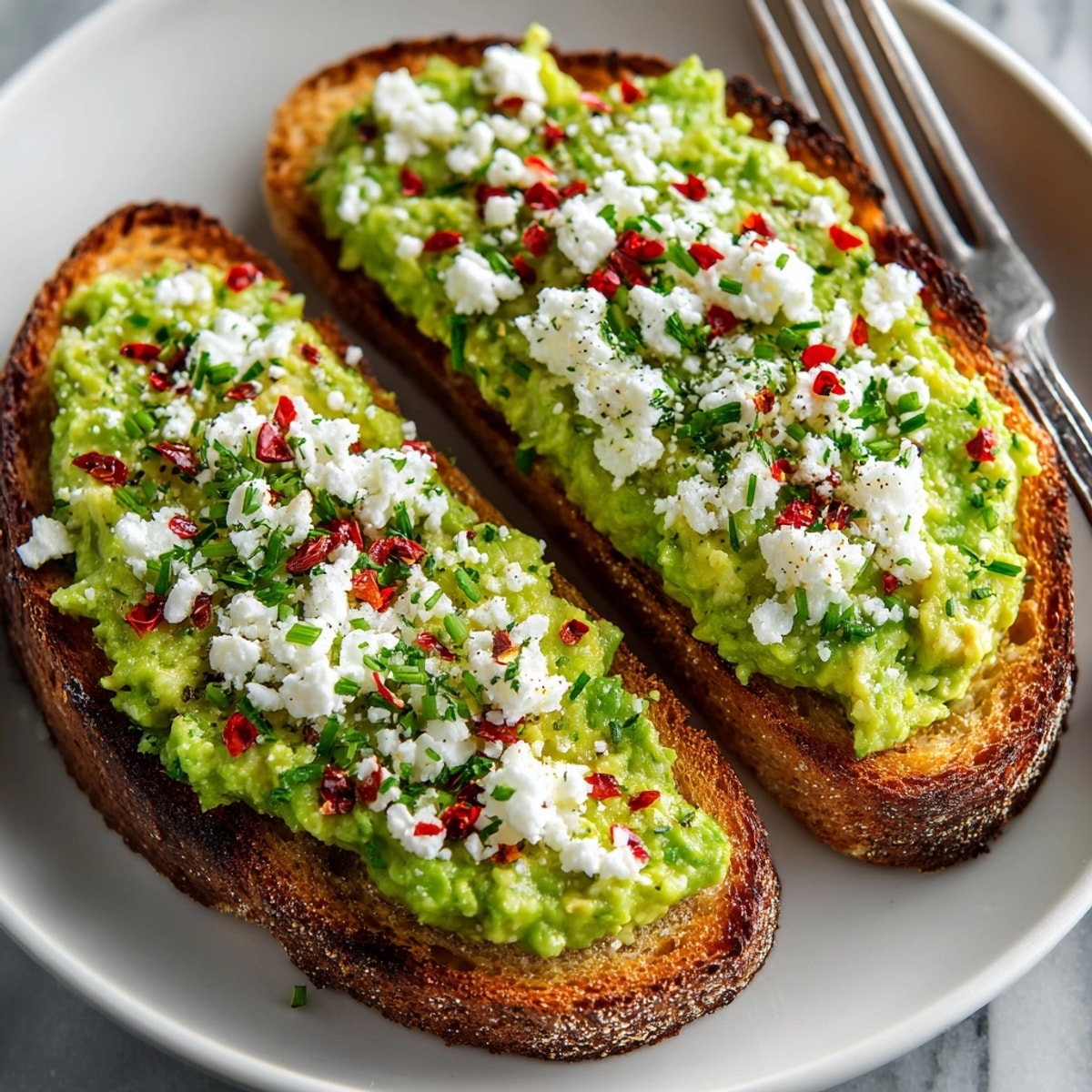 Creamy avocado feta toast sprinkled with chili flakes, ready for a quick vegetarian breakfast.