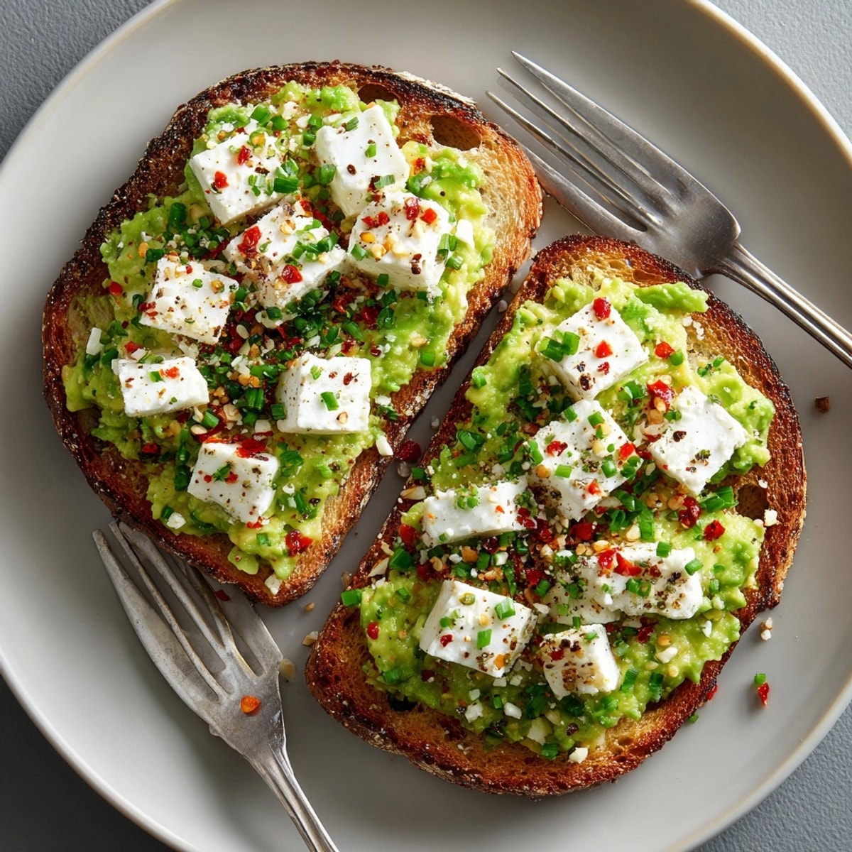 Toasted whole grain bread topped with mashed avocado, crumbled feta, and chili flakes—Avocado Feta Toast with Chili Flakes.