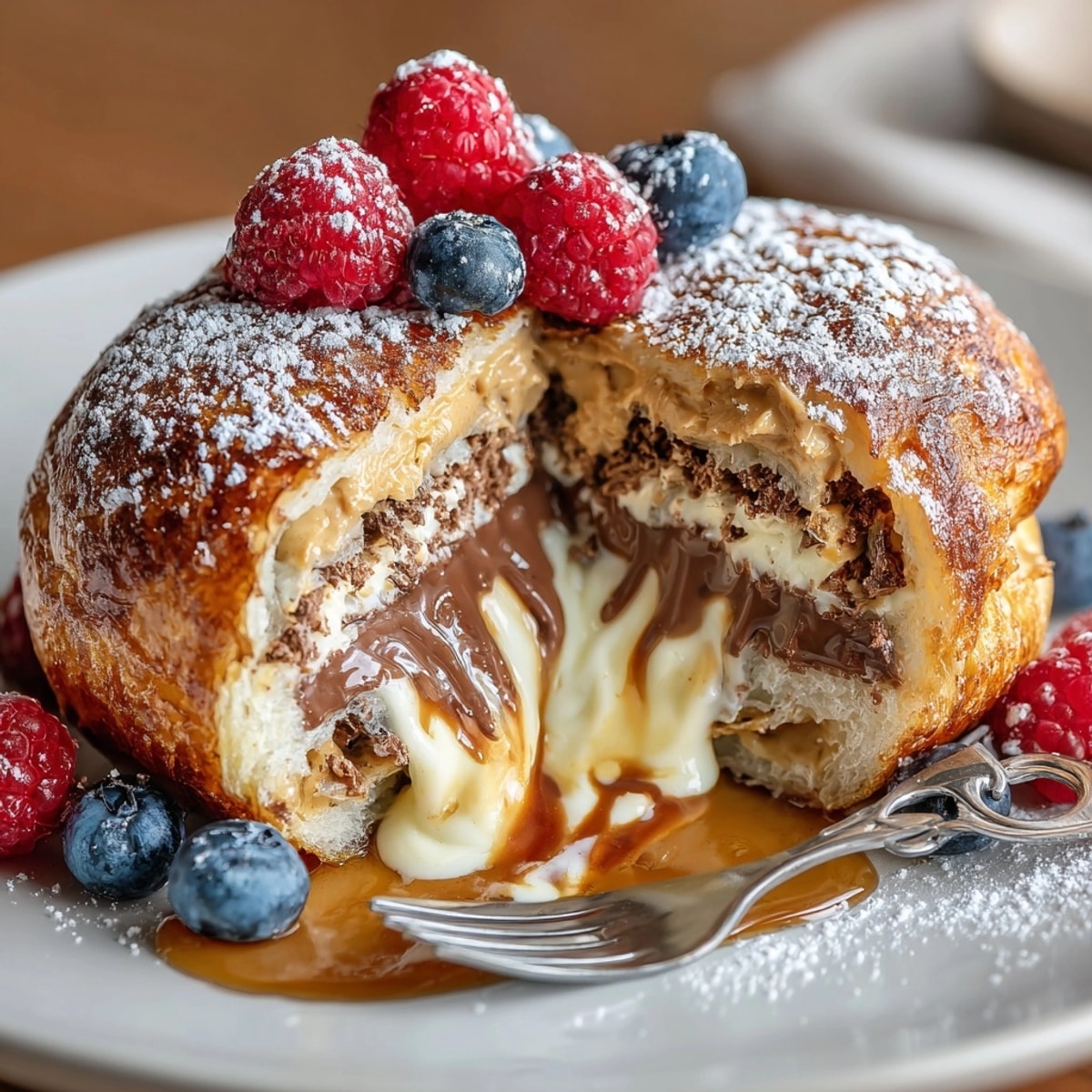 Chocolate Peanut Butter French Toast sliced and dusted with powdered sugar, served warm for breakfast.