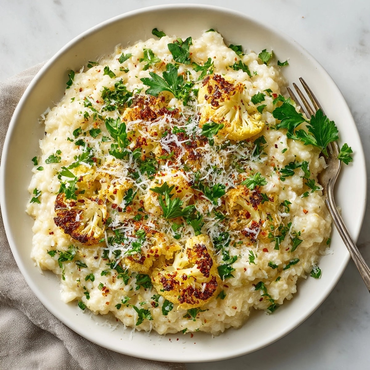 Garlic Parmesan Cauliflower Risotto in a creamy skillet topped with fresh parsley garnish
