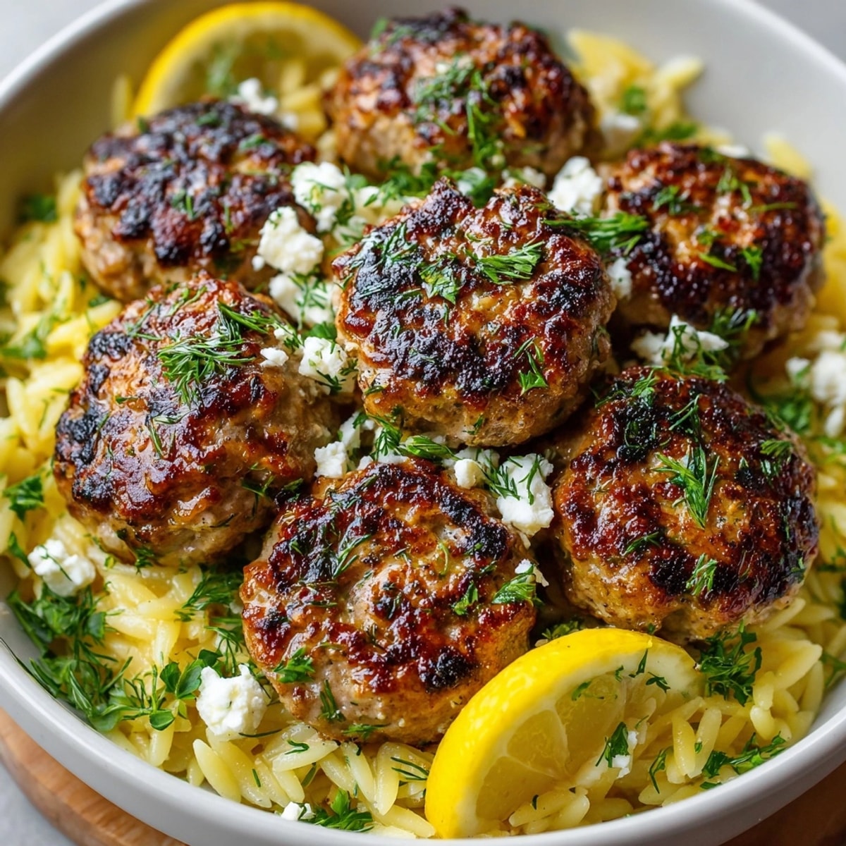 Greek Chicken Meatballs with Lemon Orzo served on a platter, topped with fresh parsley and feta.