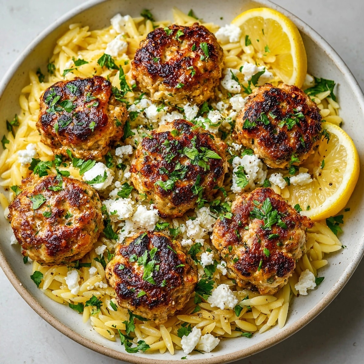 Hearty Greek Chicken Meatballs with Lemon Orzo featured as a bright, inviting family dinner plate.