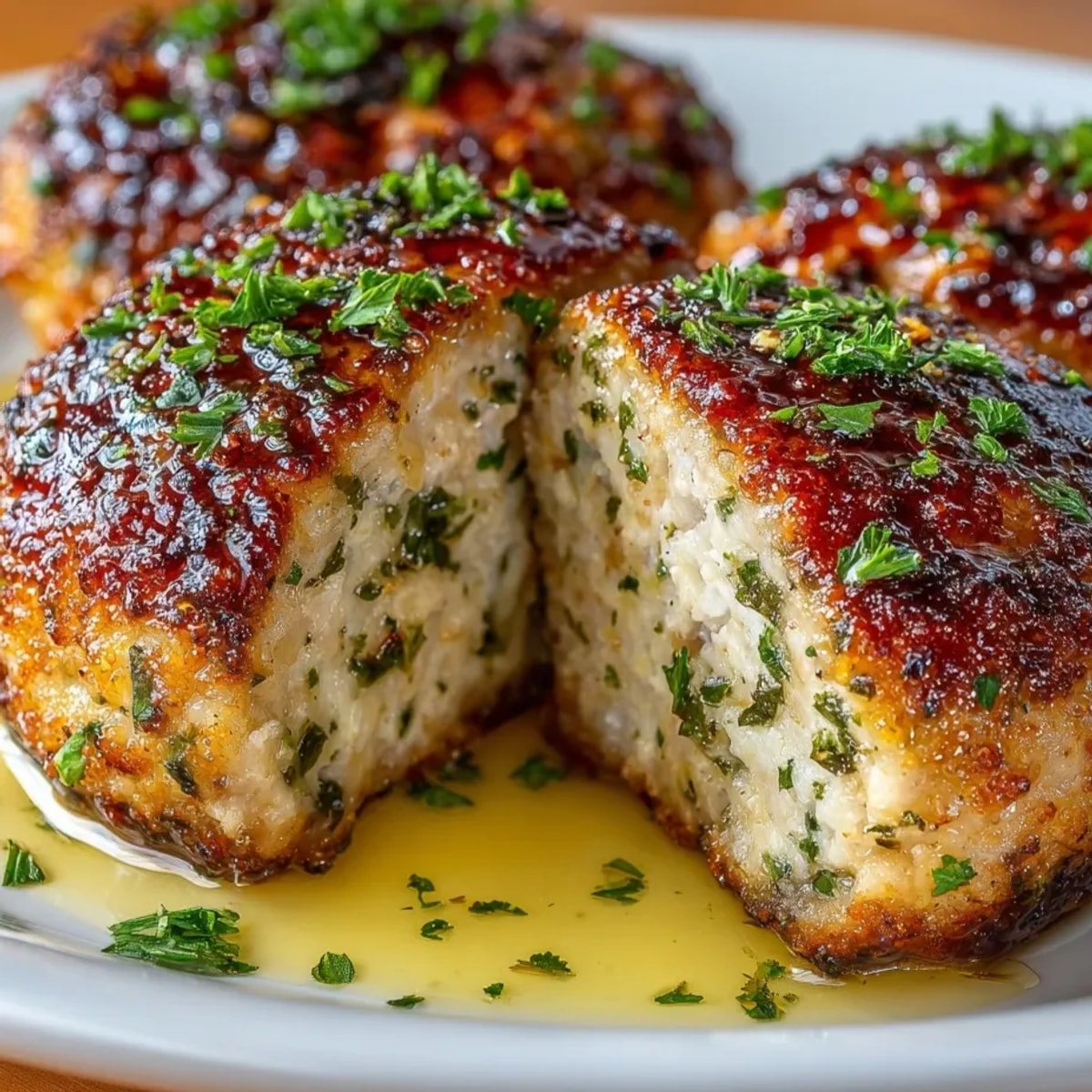 Quick Garlic Parmesan Chicken Meatloaf Recipe plated fresh, showing golden tops and aromatic herbs garnishing.