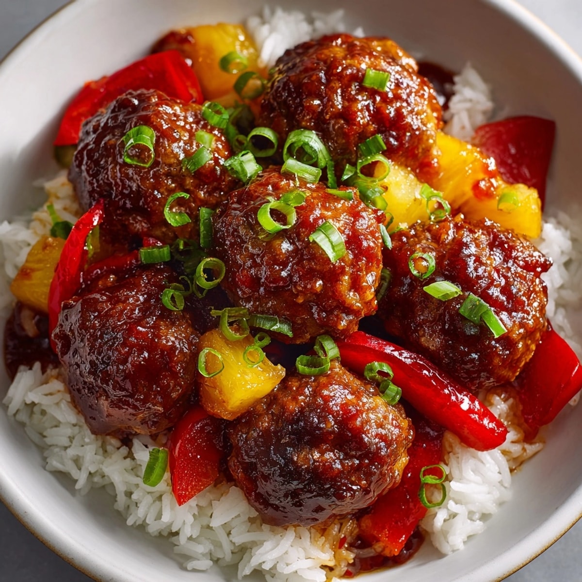 Sweet and Sour Meatballs Recipe served over fluffy rice with vibrant bell peppers and pineapple.
