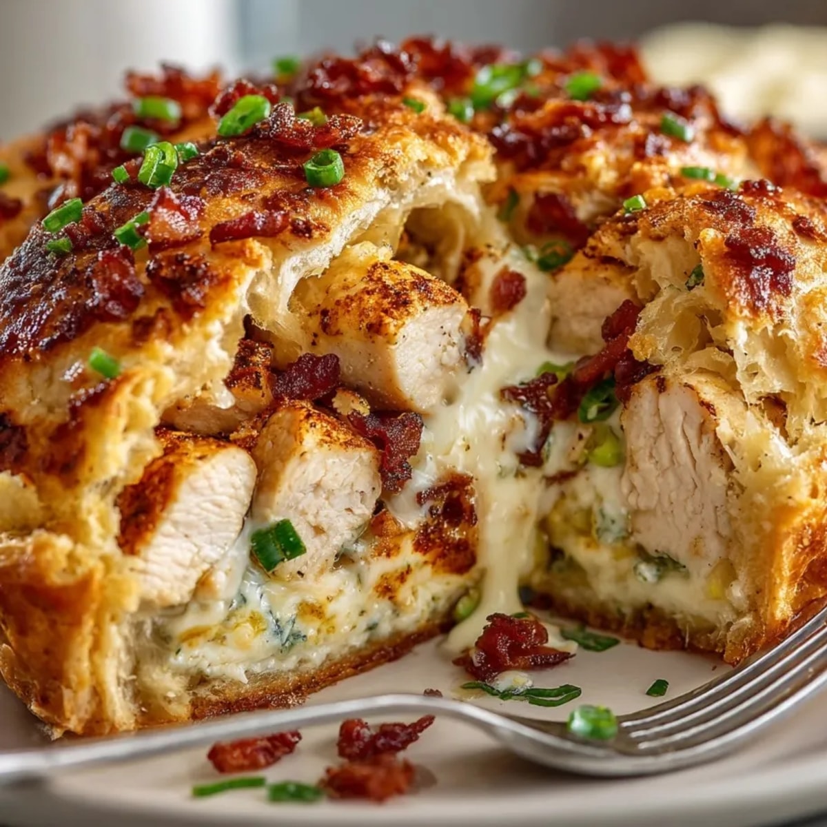 Golden Costco Chicken Bake filled with tender chicken, crispy bacon, and melty cheeses, fresh from the oven.