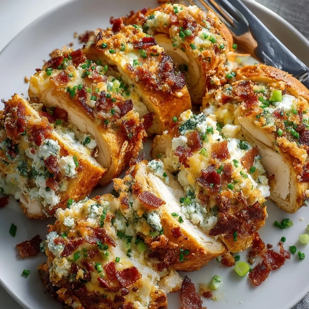 Copycat Costco Chicken Bake sliced open, revealing creamy Caesar dressing and savory bacon inside flaky crust.