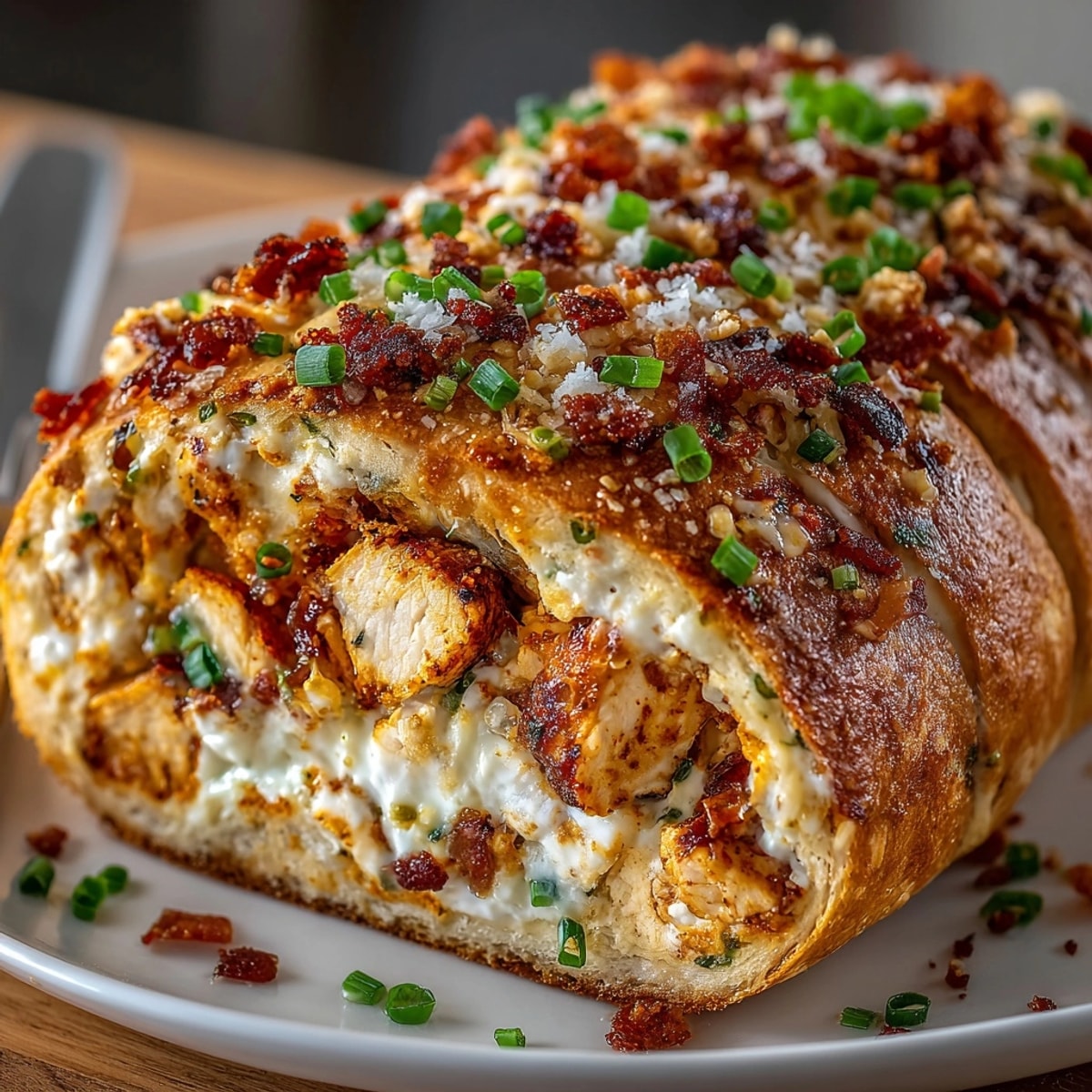 Homemade Costco Chicken Bake served hot on a white plate, gooey cheese stretching from each cheesy bite.