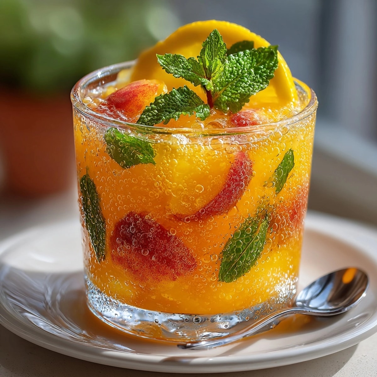 Chilled peach lemonade in a glass pitcher with mint and peach slices for garnish.