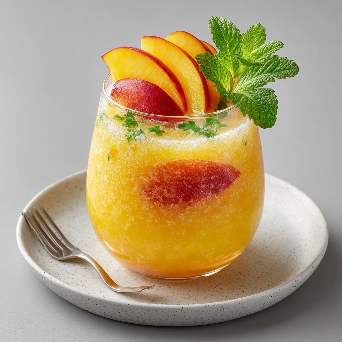 Close-up of peach lemonade poured over ice, highlighting juicy peaches and bright citrus notes.