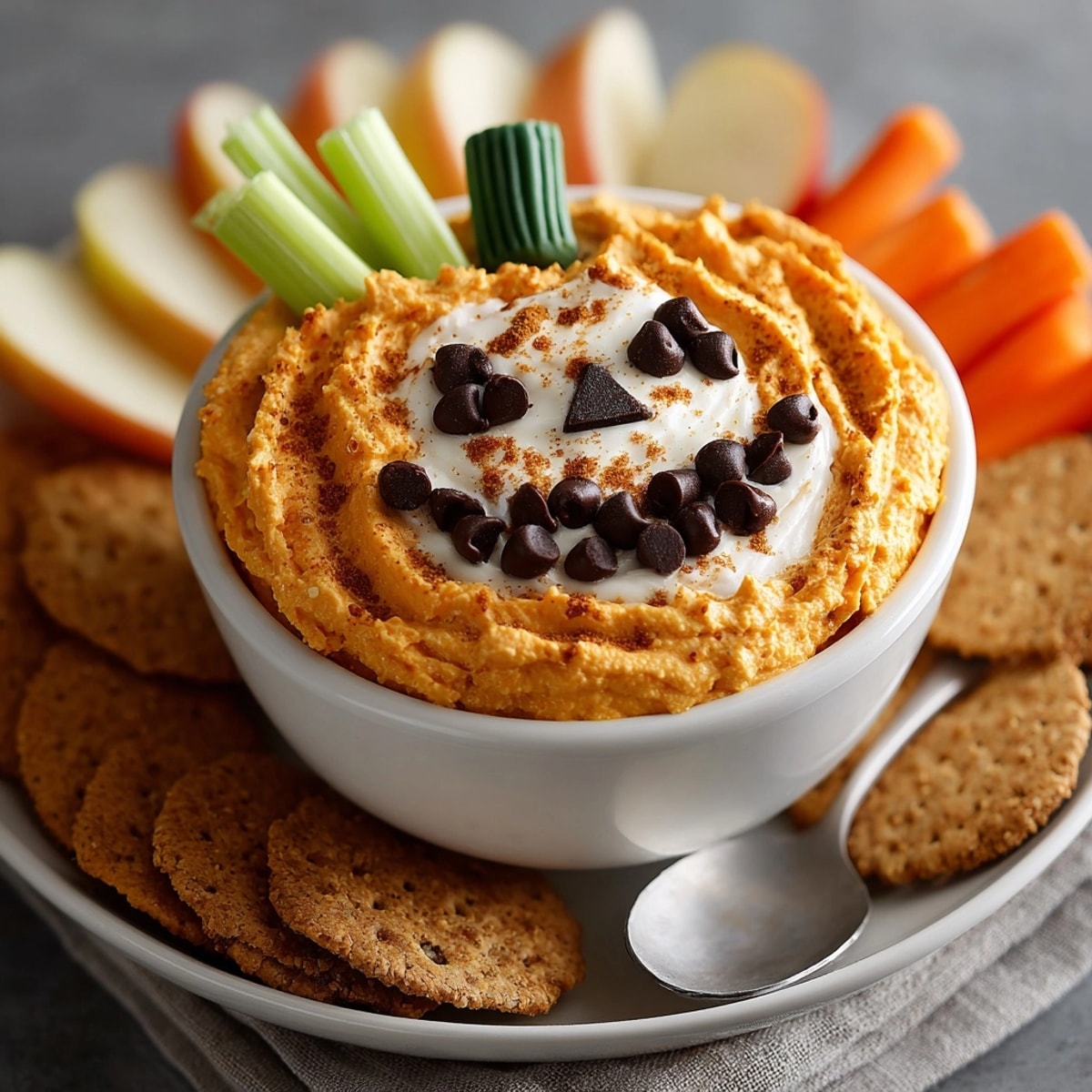Creamy Jack-o'-Lantern Cheesecake Dip, a vibrant Halloween treat with chocolate chip face.