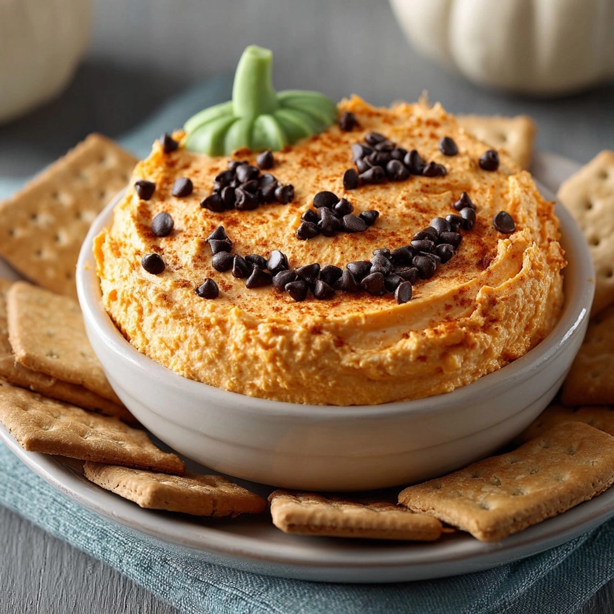 Festive Jack-o&apos;-Lantern Cheesecake Dip served with graham crackers, a sweet, spiced dessert.