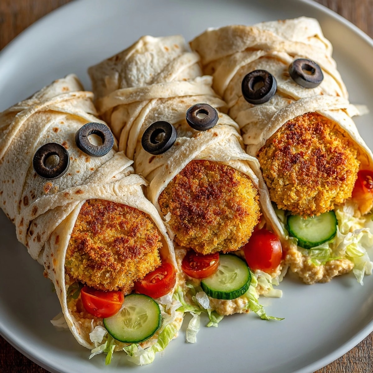 Golden Mummy Falafel Wraps with a peek of veggies, ready for a fun lunch.
