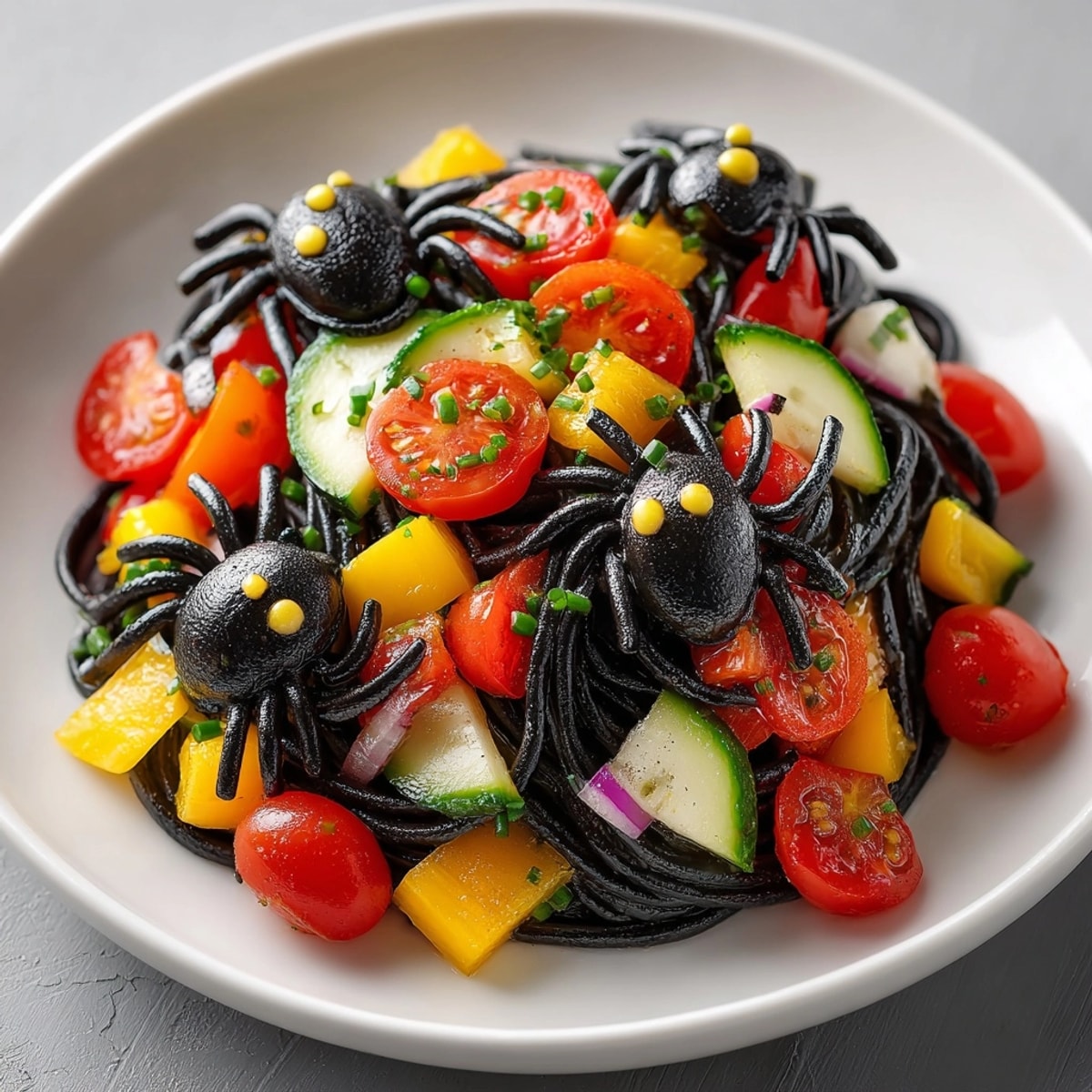 Overhead shot of vibrant Creepy Crawly Pasta Salad with olive spiders ready to serve.