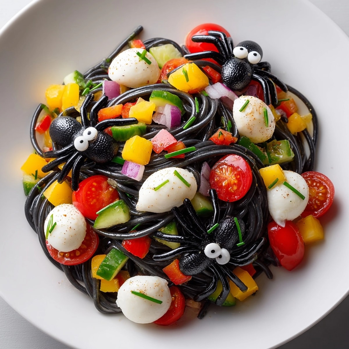 Festive, spooky Creepy Crawly Pasta Salad, perfect for Halloween potlucks, bright vegetables visible.