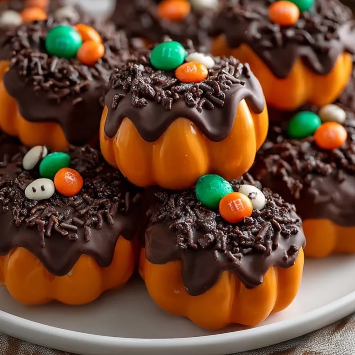 Close-up of Halloween Chocolate-Covered Pretzel Pumpkins: orange coating with green candy stems, ready to eat.