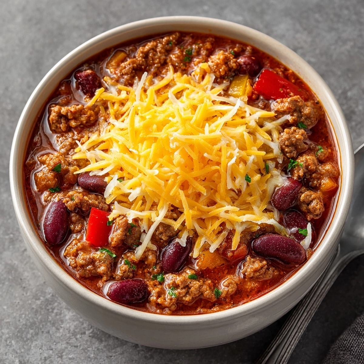 Broiled Pumpkin Chili with Cheddar Web Top, savory and bubbling in a rustic bowl.