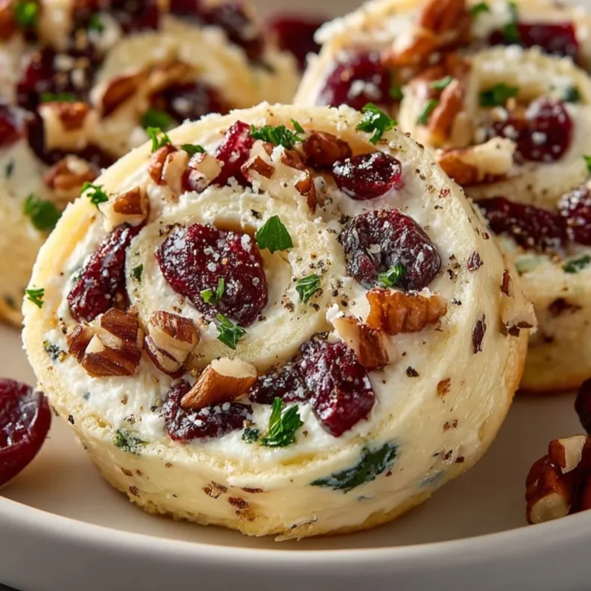 Golden Cranberry Feta Pinwheels, spiraled appetizer showing creamy cheese, bright cranberries, ready to eat.