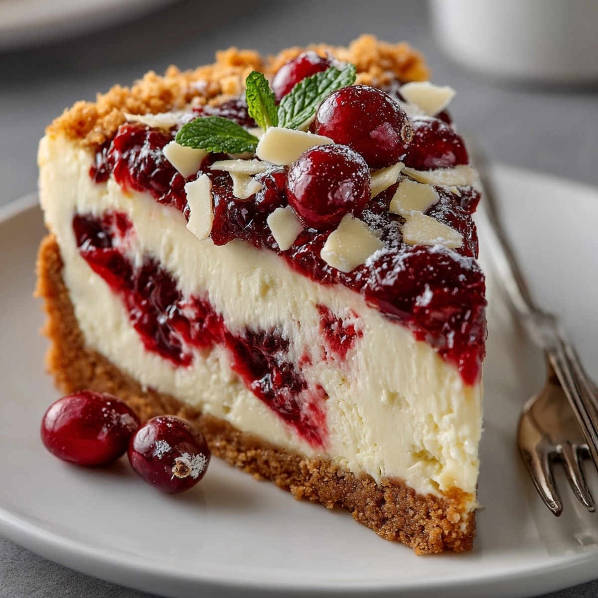 Rich slice of no-bake White Chocolate Cranberry Cheesecake looks temptingly delicious, ready to serve.